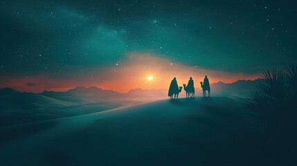 Fototapeta premium Christmas Jesus birth concept - Adoration of the Magi, Three Wise Men, Three Kings, and the Three biblical Magi with camel silhouettes journeying in sand dunes of desert follow Bethlehem star at night