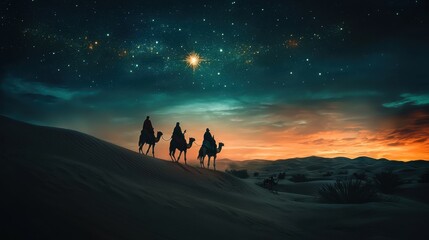 Christmas Jesus birth concept - Adoration of the Magi, Three Wise Men, Three Kings, and the Three biblical Magi with camel silhouettes journeying in sand dunes of desert follow Bethlehem star at night