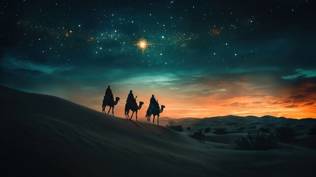 Christmas Jesus birth concept - Adoration of the Magi, Three Wise Men, Three Kings, and the Three biblical Magi with camel silhouettes journeying in sand dunes of desert follow Bethlehem star at night
