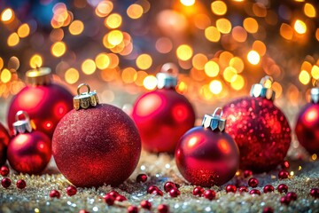 Festive Christmas baubles gleam, illuminated by sparkling lights, in sharp focus.
