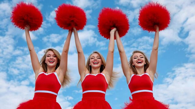 Three young Caucasian women cheerleaders in red uniforms hold pom-poms against a blue sky, celebrating teamwork and sports events