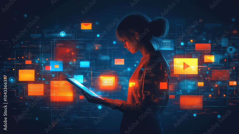 Poster a person engages with a digital interface while various data points and icons surround them, illustr