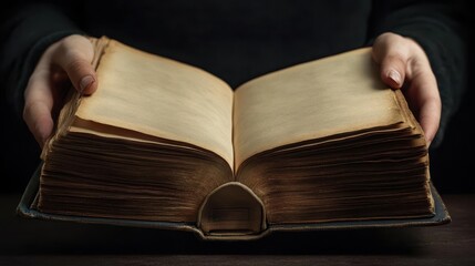 A Close-Up View of an Ancient Book Being Held Representing Knowledge and History in a Timeless Setting