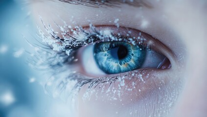 Close-up of Eye with Snowflakes on Eyelashes, Symbolizing Winter and Cold Weather