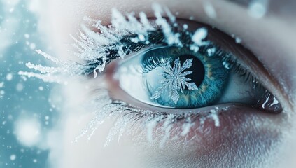 Naklejka premium Close-up of Eye with Snowflakes on Eyelashes, Symbolizing Winter and Cold Weather