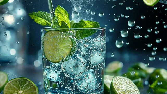 Close-up shot of a refreshing mojito cocktail being prepared.