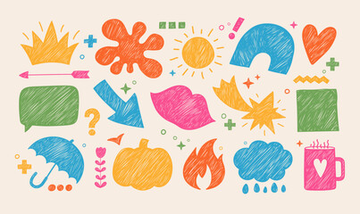 Color hand drawn sketches, icons of shapes with pencil scribbles. Doodle elements, icons of fire, arrow, coffee mug, sun, rain, heart, speech bubble and crown with pen strokes, vector illustration