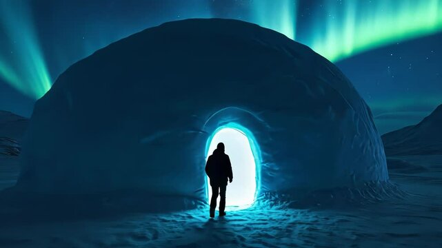 Silhouette of a person by an igloo under Northern Lights, symbolizing exploration and adventure