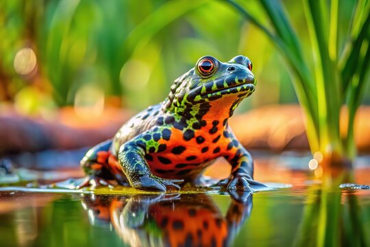 Firebellied toad basks in marsh sunlight, background blurred.