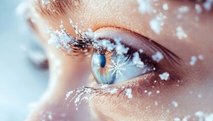 Fototapeta premium Close-up of Eye with Snowflakes on Eyelashes, Symbolizing Winter and Cold Weather
