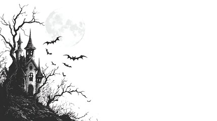 Spooky Haunted House with Bats and Moon Illustration