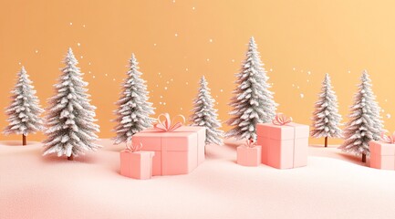 Obraz premium Decorative pink gifts nestled in a snowy landscape with evergreen trees and a pastel background during winter