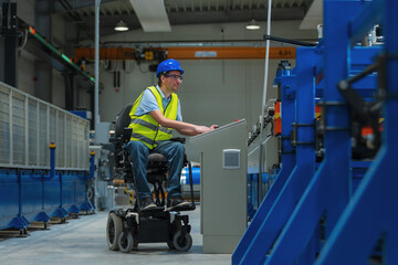 Man with disability in yellow vest, engineer in a factory unit checking a work process. inclusion...