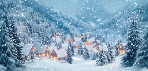 A picturesque winter scene of a quaint village nestled in the mountains, with snow-draped roofs and twinkling lights. 