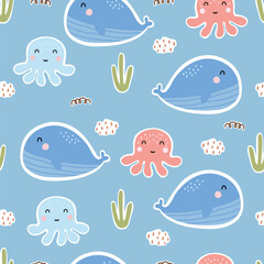 Nursery seamless patterns whale and squid in the sea hand drawn design in cartoon style design for Newborn apparel, textiles, and wallpaper