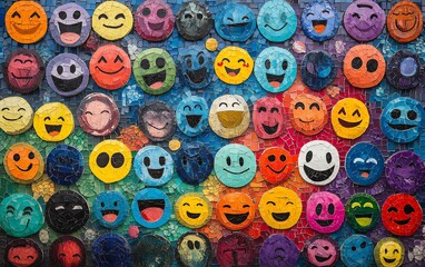 Vibrant mosaic of colorful emojis, displaying diverse emotions and expressions, symbolizing joy, unity, and creativity, lively and engaging design