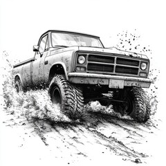 Fototapeta premium This black and white illustration shows a monster truck splattered with mud.