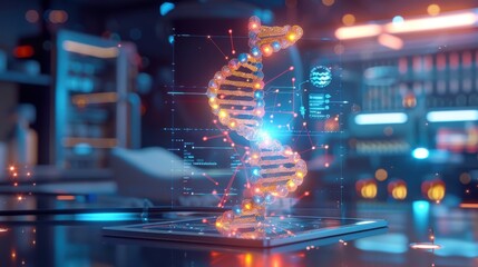 Interactive 3D model of a DNA strand with health data points highlighted, displayed on a tablet in a sleek, modern genetics lab 