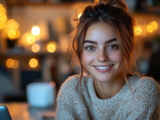 Obraz premium happy young woman engaging in a virtual video meeting from her cozy home workspace, exuding positivity and confidence, illustrating the modern culture of remote work and digital nomad lifestyle