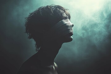 A person with their mouth covered by tape, symbolizing the suppression of speech in a stark and somber setting, highlighting the weight of enforced silence.