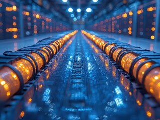 high-tech internet lan cable coiled in a modern server room, representing the significance of secure data transmission within a sleek, tech-driven environment