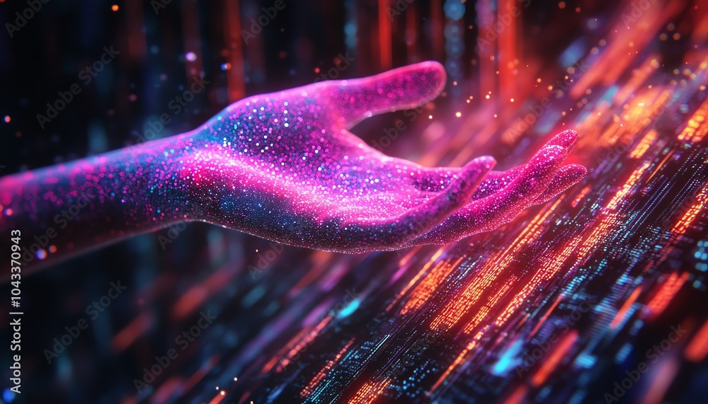 Poster closeup of a virtual hand interfacing with vibrant data streams, illustrating the impact of ai on au