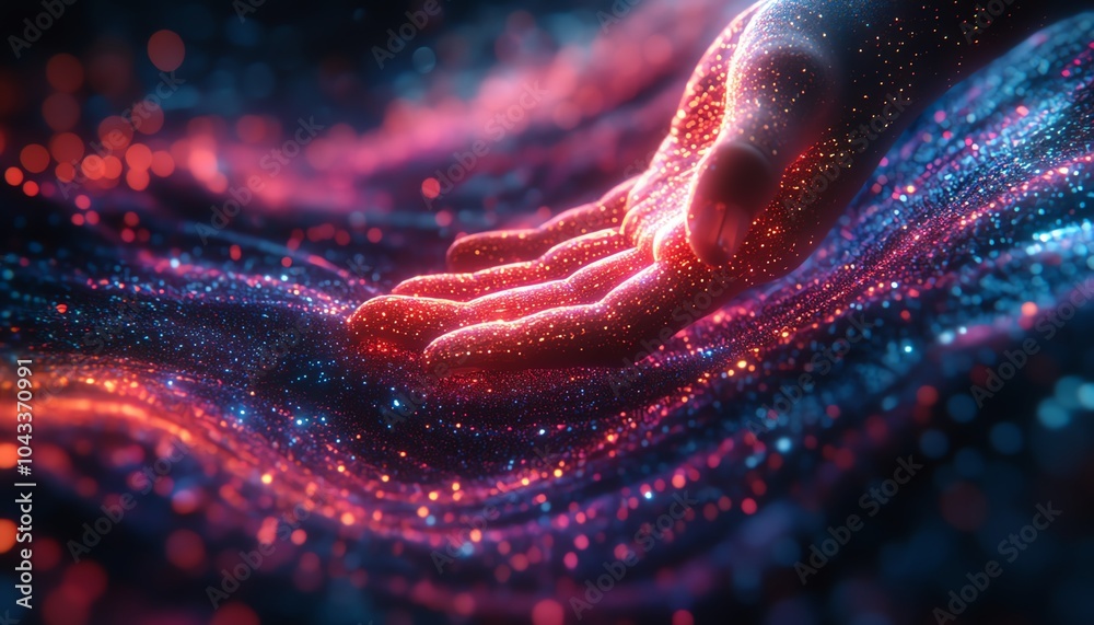 Poster closeup of a virtual hand interfacing with vibrant data streams, illustrating the impact of ai on au
