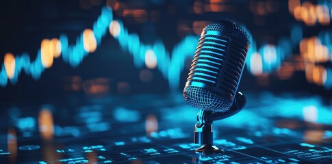 Glowing Retro Microphone with Blue Stock Market Chart in the Background for Podcast or Radio