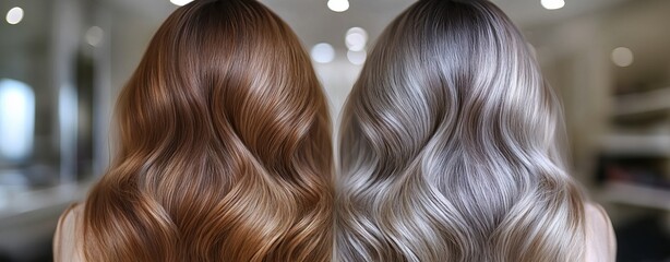 Fototapeta premium In a split view, highlighting the dramatic contrast between color and texture, thinning hair transforms into fuller volume