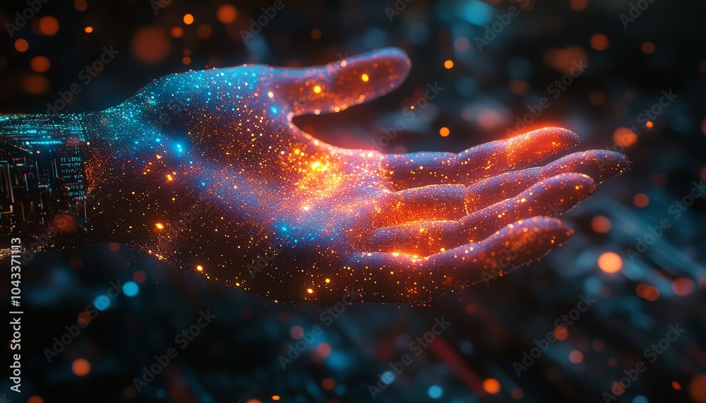 Poster closeup of a virtual hand interfacing with vibrant data streams, illustrating the impact of ai on au