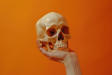 A human skull held in a hand against an orange background, useful for medical or Halloween themed images