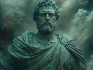 Obraz premium historic statue of marcus aurelius reimagined as a superhero, surrounded by a chaotic, dark green aura that emphasizes strength and resilience in a unique artistic interpretation