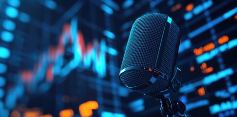 Glowing Retro Microphone with Blue Stock Market Chart in the Background for Podcast or Radio