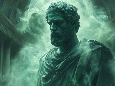 historic statue of marcus aurelius reimagined as a superhero, surrounded by a chaotic, dark green aura that emphasizes strength and resilience in a unique artistic interpretation