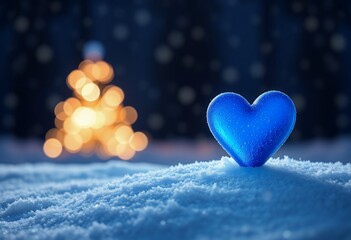 Fototapeta premium Blue Heart Ornament in Snow with Christmas Lights in Background