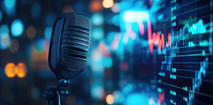 Glowing Retro Microphone with Blue Stock Market Chart in the Background for Podcast or Radio