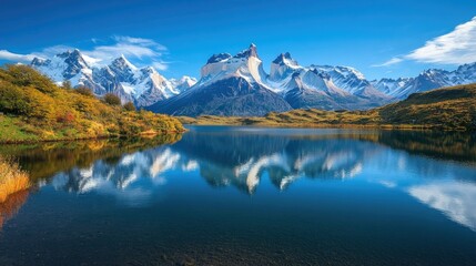 Fototapeta premium Crystal-clear lake nestled among snow-capped mountains, with the peaks perfectly reflected in the still water