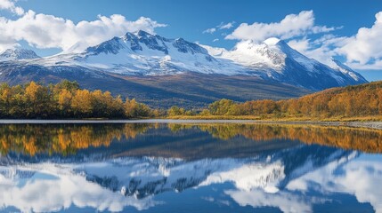 Perfect reflection of snow-capped mountains in a crystal-clear lake, capturing the serene beauty of nature in a stunning mirror effect