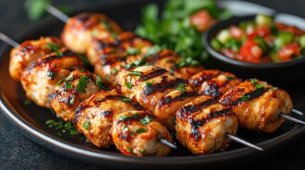Delicious grilled chicken skewers with fresh vegetables and herbs