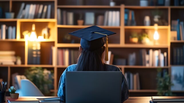 Academic learning setting with a student in a graduation cap studying online at home with a laptop and books on a desk