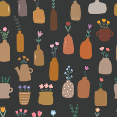 Terracotta vases with flower seamless patterns.  the design used for fabric, newborn apparel, textiles, and wallpaper vector illustration