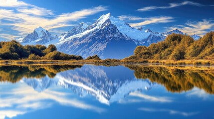 Obraz premium Pristine mountain lake with snow-capped peaks reflected perfectly in the water, creating a breathtaking mirror image