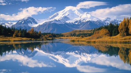 Fototapeta premium Pristine mountain lake with snow-capped peaks reflected perfectly in the water, creating a breathtaking mirror image
