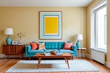 Fototapeta premium Mid-century living room interior design with a sofa, table, lamp, and a painting frame on the wall.