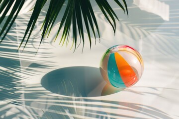 Obraz premium A colorful beach ball sitting on a clean white surface, perfect for kids' parties or summer vibes