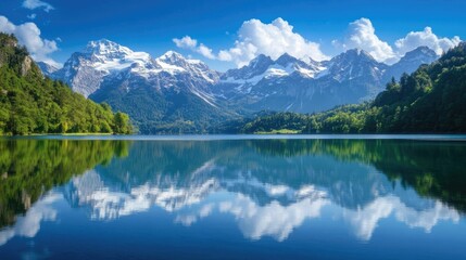 Stunning mirror effect of snow-capped mountains reflected in a crystal-clear mountain lake, creating a peaceful and majestic scene