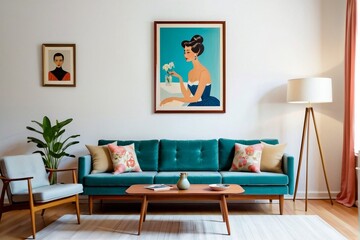 Mid-century living room interior design with a sofa, table, lamp, and a painting frame on the wall.