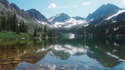 Fototapeta premium Stunning mountain lake with crystal-clear water reflecting the snow-capped peaks, forming a perfect mirror of nature's beauty