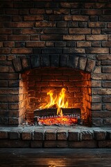 Cozy Brick Fireplace with Warm Glowing Flames