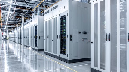 Large-scale server room featuring multiple rows of high-density racks, advanced fire suppression systems, and dedicated maintenance zones 